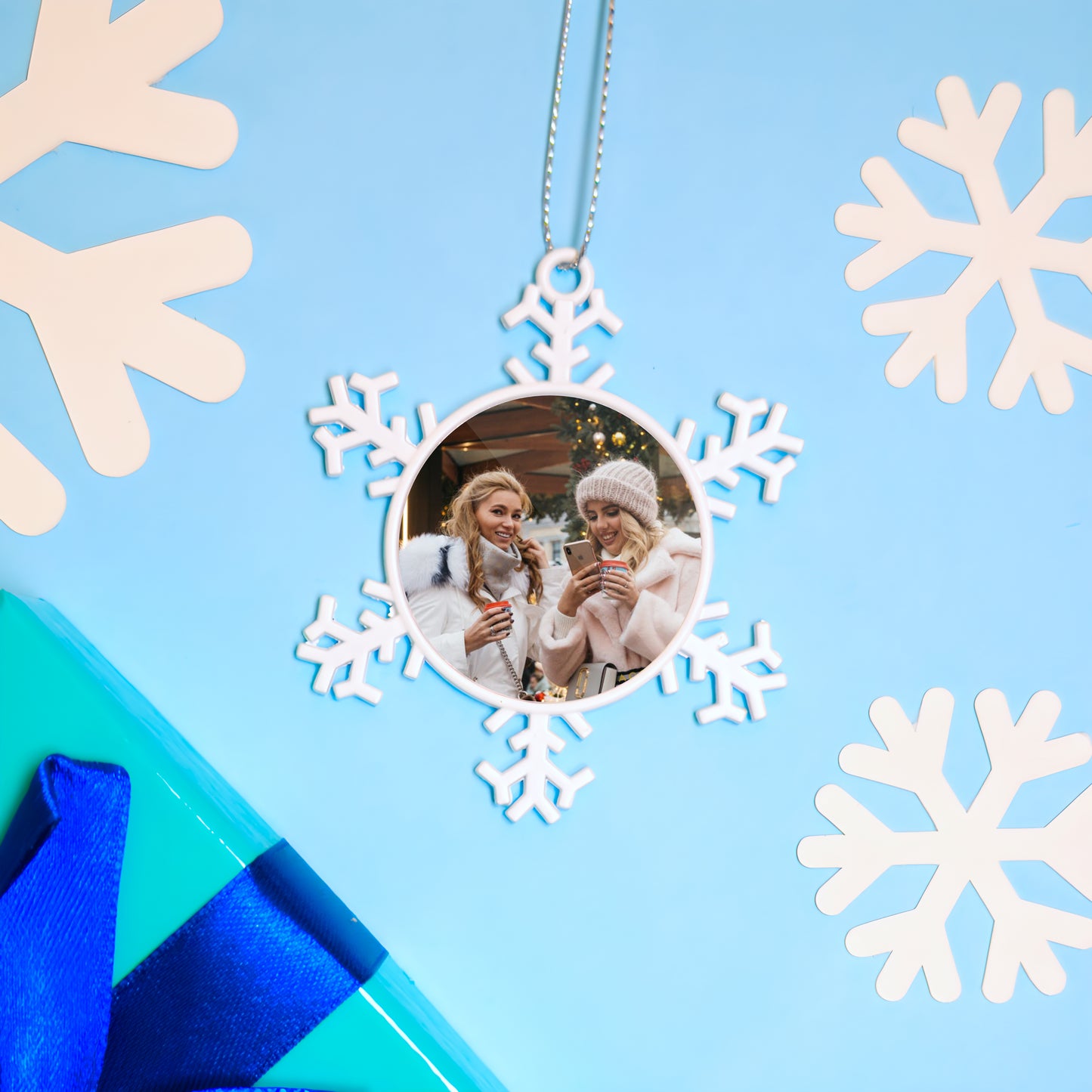 White Metal Snowflake Photo Upload Hanging Decoration