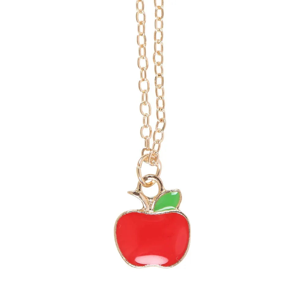 Necklace with a red apple pendant on a white background