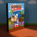 A colorful poster light featuring Sonic the Hedgehog from the Green Hill Zone, standing upright on a flat surface.