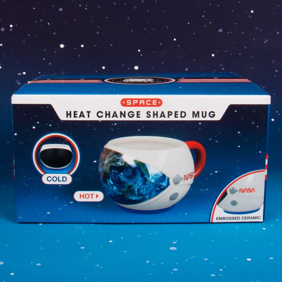 A ceramic mug with NASA heat change shape and embossed details, packaged in a blue box with a clear view of the mug and a graphic of Earth from space.