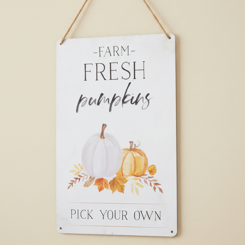 A metal wall sign with hanging Jute. Features farm fresh pumpkin text with illustrations