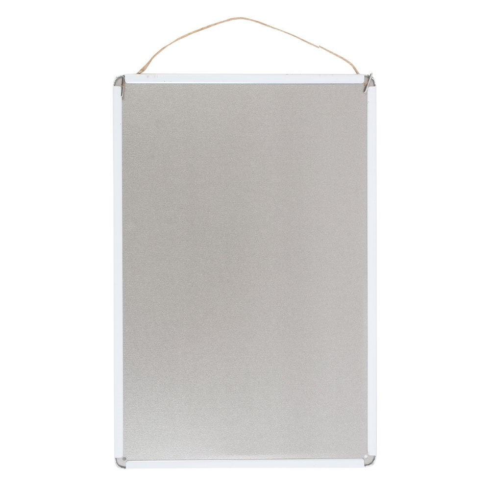 back of rectangular metal sign with string for hanging on a white background