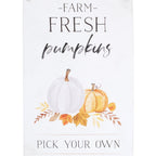 decorative sign of 'Farm Fresh Pumpkins' with two pumpkins and leaves on a white background.
