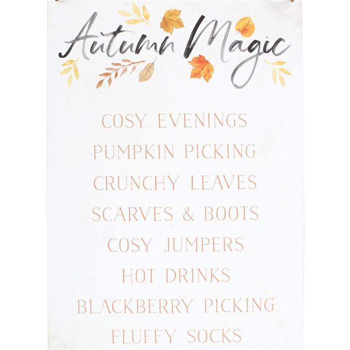 Autumn-themed sign with text with decorative leaves on a white background