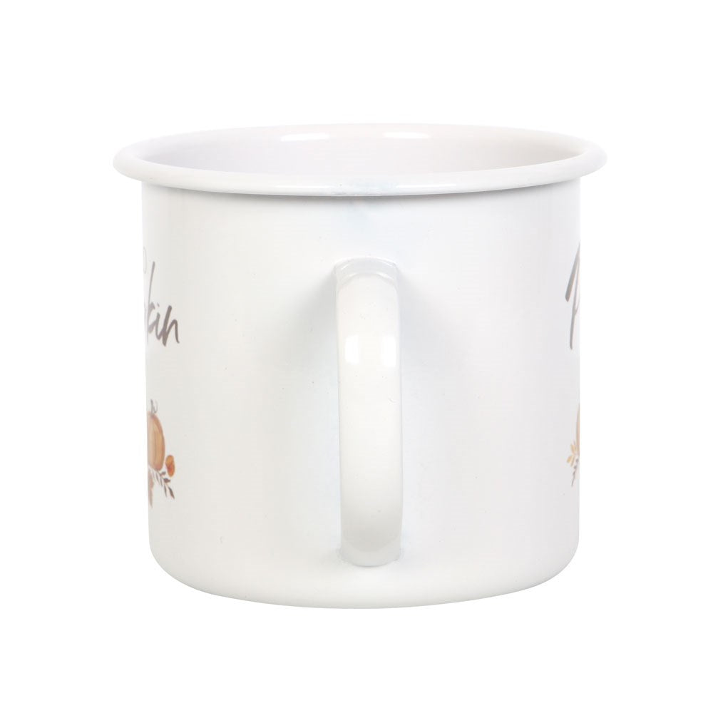 White enamel mug with 'hello pumpkin' design with a handle on a white background