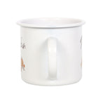 White enamel mug with 'hello pumpkin' design with a handle on a white background