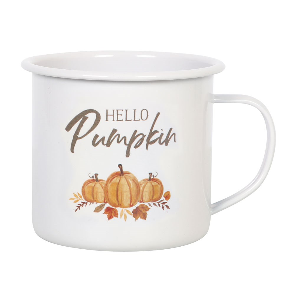 White enamel mug with 'Hello Pumpkin' text and pumpkin design on a white background