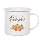 White enamel mug with 'Hello Pumpkin' text and pumpkin design on a white background