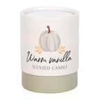 Scented candle packaging box with a pumpkin design and 'Warm Vanilla' text on a white background