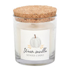 Vanilla scented candle in a glass jar with a cork lid on a white background