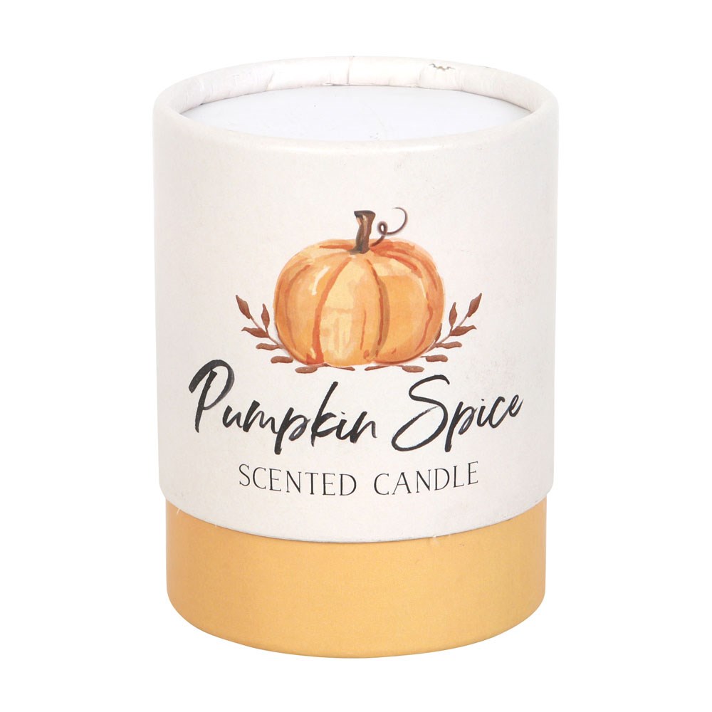 Pumpkin spice scented candle in cardboard tube packaging on a white background