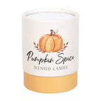 Pumpkin spice scented candle in cardboard tube packaging on a white background