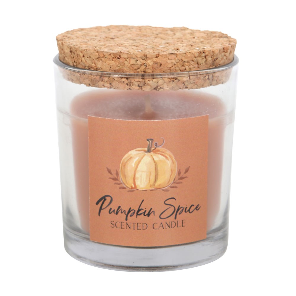 Pumpkin spice scented candle with a cork lid on a white background