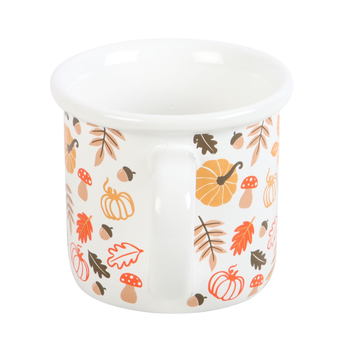 White mug with autumn-themed pattern on a white background
