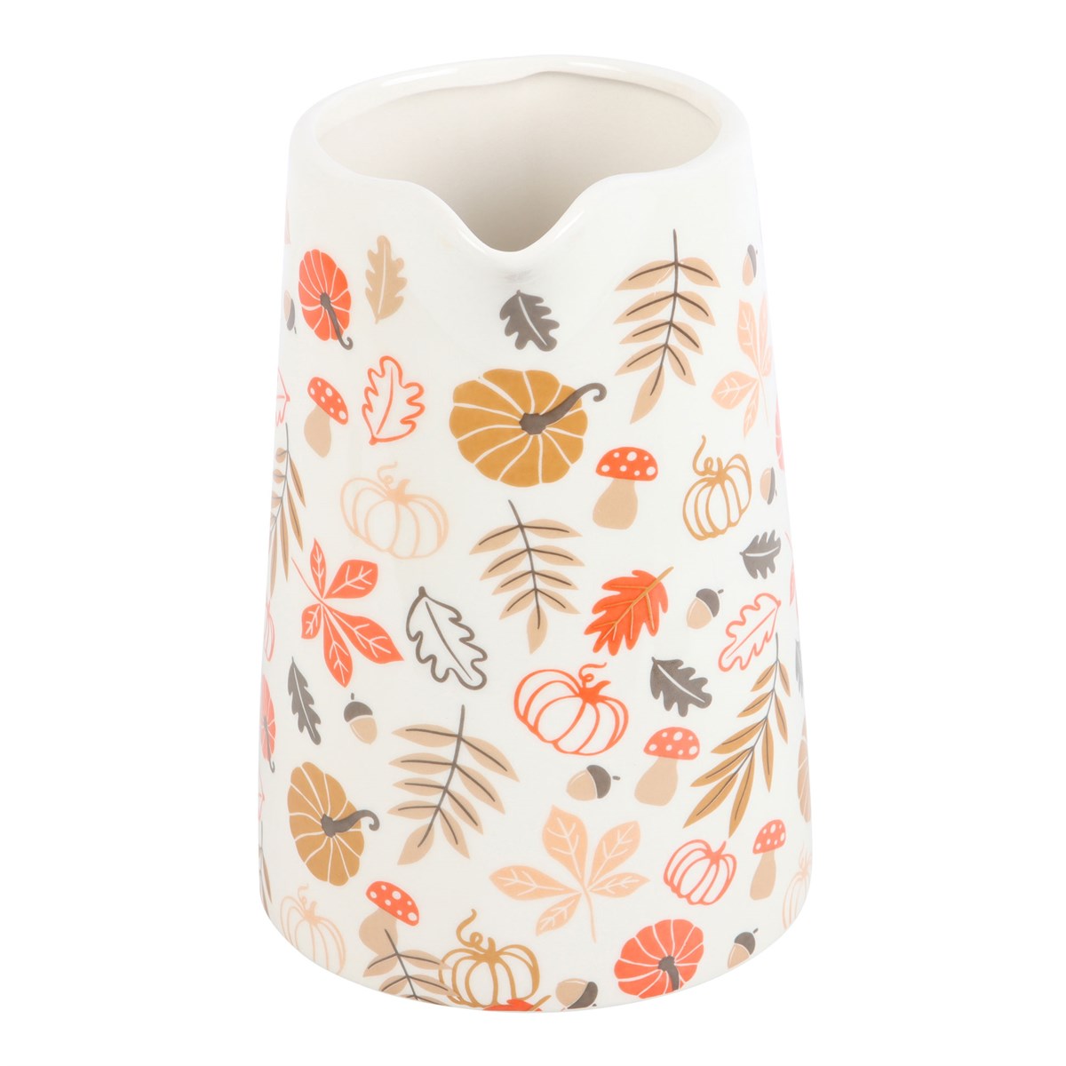 Decorative jug vase with autumn leaf and pumpkin pattern on a white background