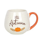 White mug with orange handle featuring 'Hello Autumn' text and pumpkin design on a white background