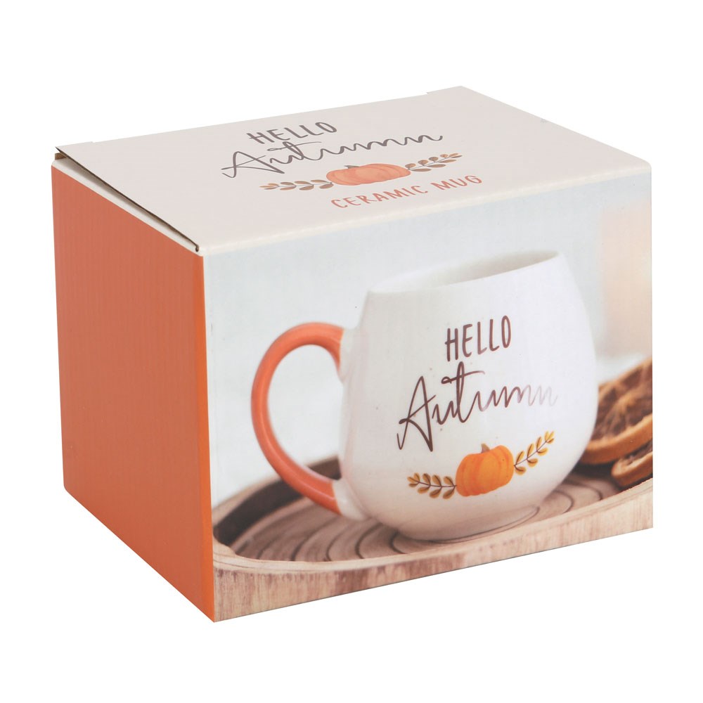 Ceramic mug with 'Hello Autumn' text in a box packaging