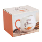 Ceramic mug with 'Hello Autumn' text in a box packaging