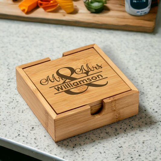 Bamboo Coaster Set - Mr & Mrs