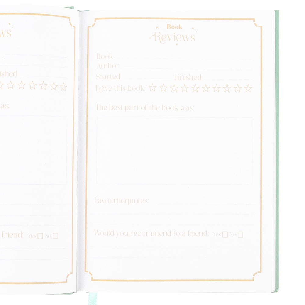 Open book with star ratings and text on a white background