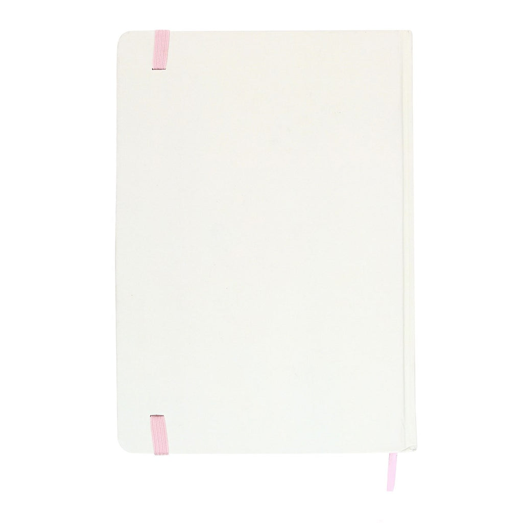 cream notebook with pink accents on a white background