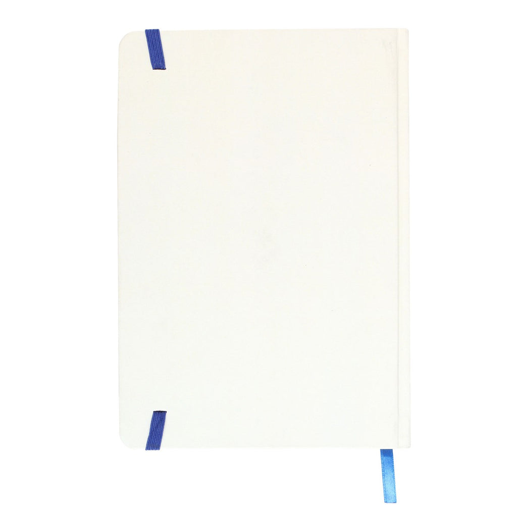 cream notebook back with blue accents on a white background