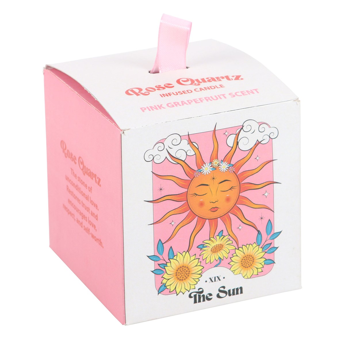Candle packaging with sun design and pink and white color scheme