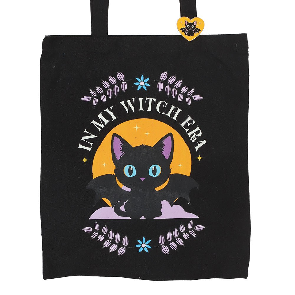Black tote bag with a cat graphic and 'In My Witch Era' text on a white background