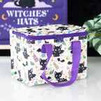  insulated lunch bag with black bat cat pattern and purple handles on a white surface