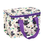  insulated lunch bag with black bat cat design and purple handles on a white background