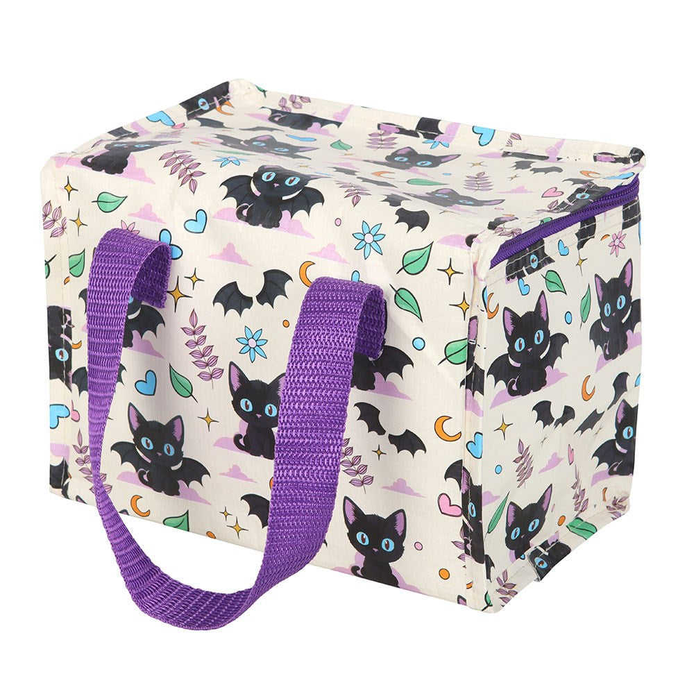 lunch bag with black cat and bat pattern on a white background