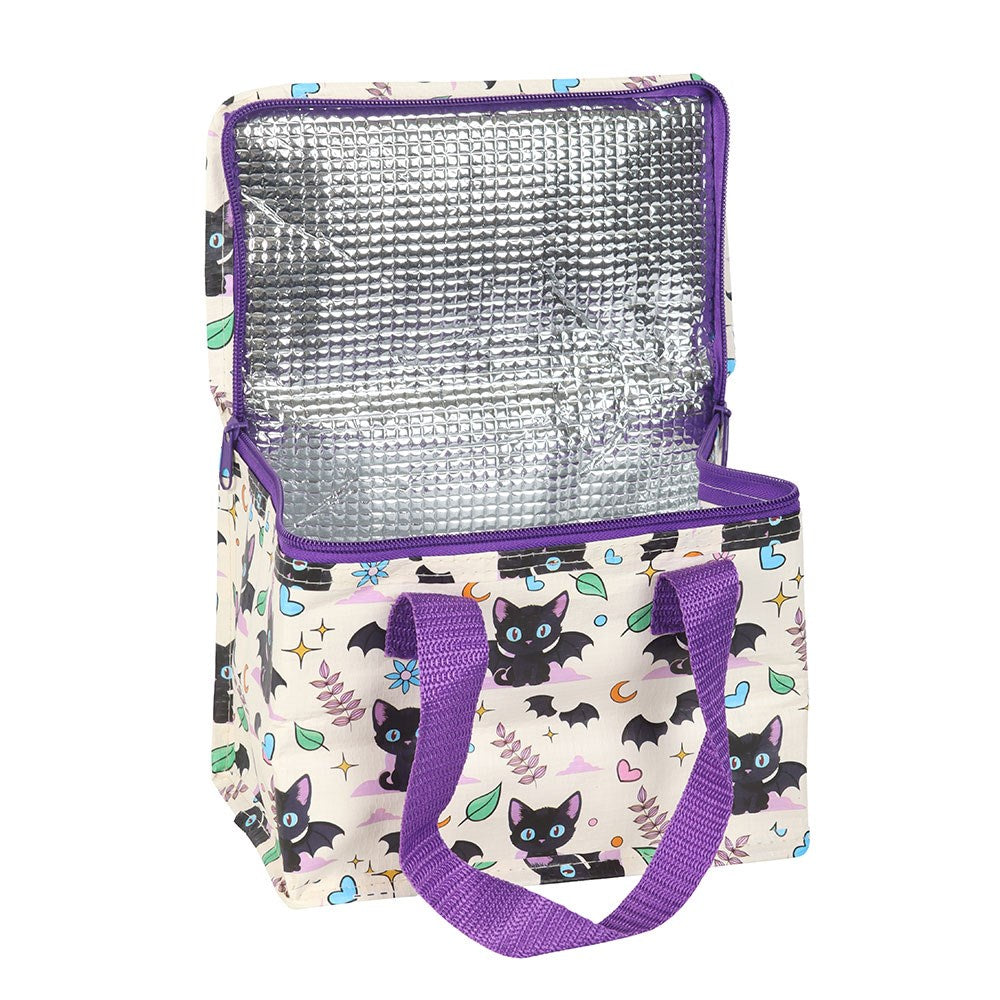Insulated lunch bag with bat cat pattern and purple handles on a white background
