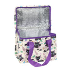 Insulated lunch bag with bat cat pattern and purple handles on a white background