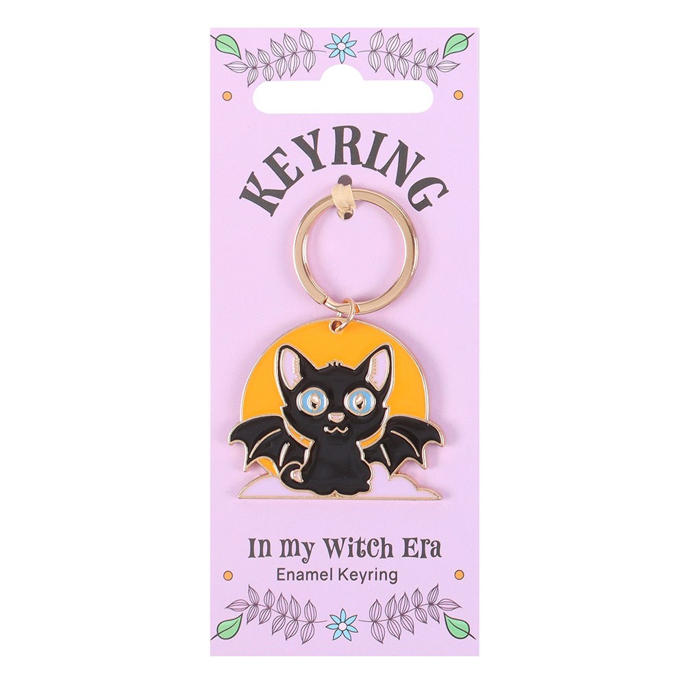Keyring with bat cat design on a purple card with text