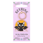 Keyring with bat cat design on a purple card with text