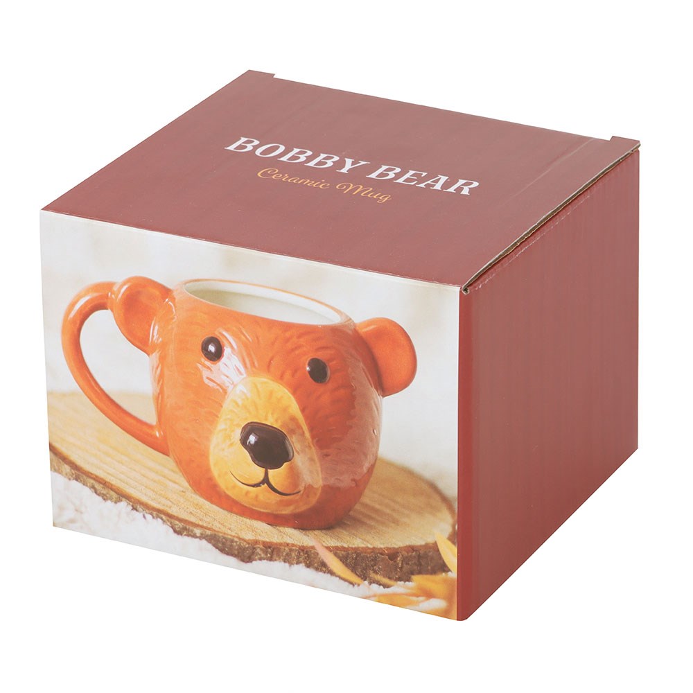 Box packaging of a bear-shaped mug with 'Bobby Bear' branding.