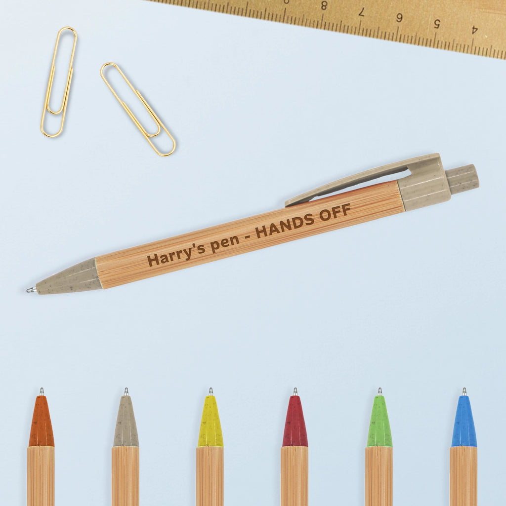 Engraved Bamboo Pen with engraved message 'Names pen - Hands Off' with pen colour options on show