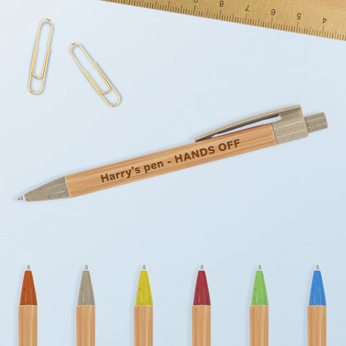 Engraved Bamboo Pen with engraved message 'Names pen - Hands Off' with pen colour options on show