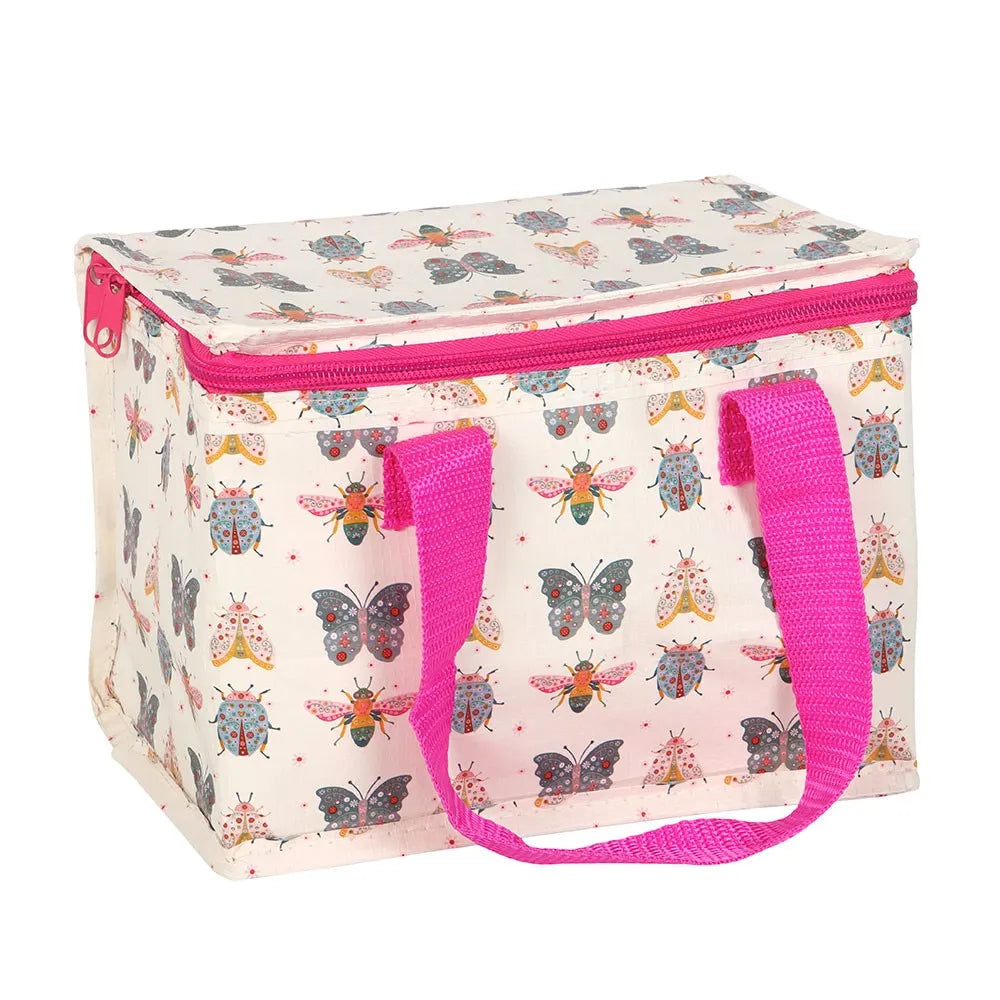 A rectangular soft-sided lunch bag with a pink zipper and bright pink handles, covered in a colourful butterfly and bug print on a light background.