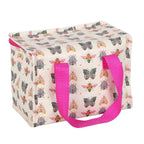 Lunch bag with butterfly pattern and pink handles on a white background
