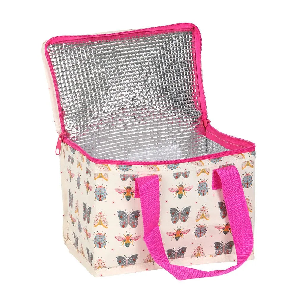 Insulated lunch bag with butterfly & bug pattern and pink handles on a white background