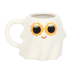 White mug with a ghost shaped design featuring sunglasses and a smile on a white background