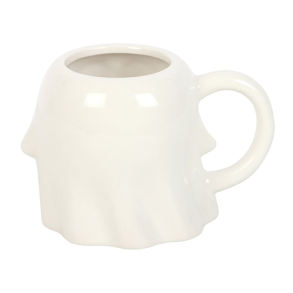 White ceramic mug shaped like a ghost on a white background