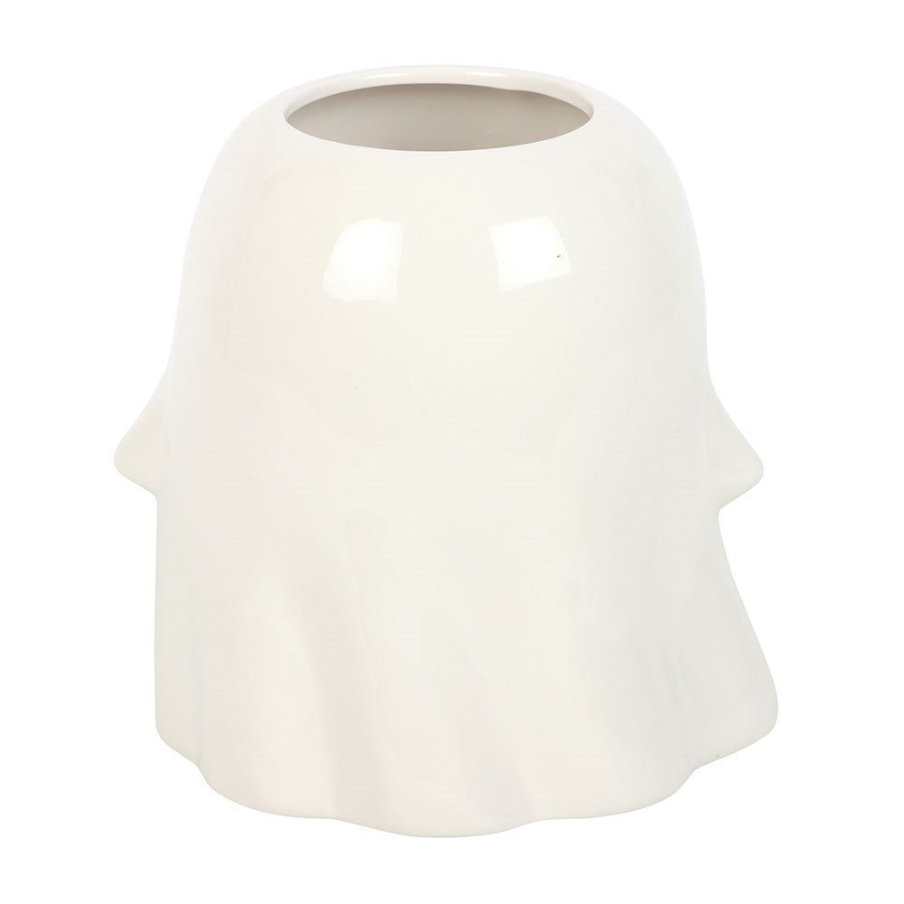 White ceramic vase shaped like a ghost on a white background