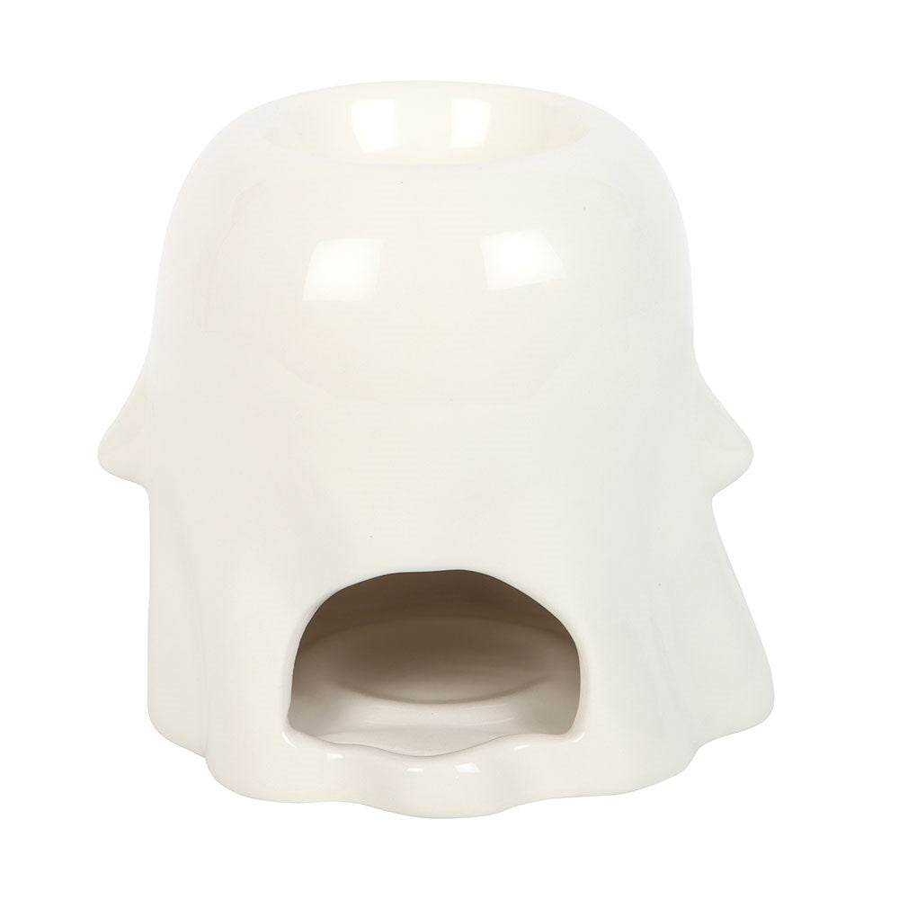 White ceramic ghost-shaped oil burner on a white background