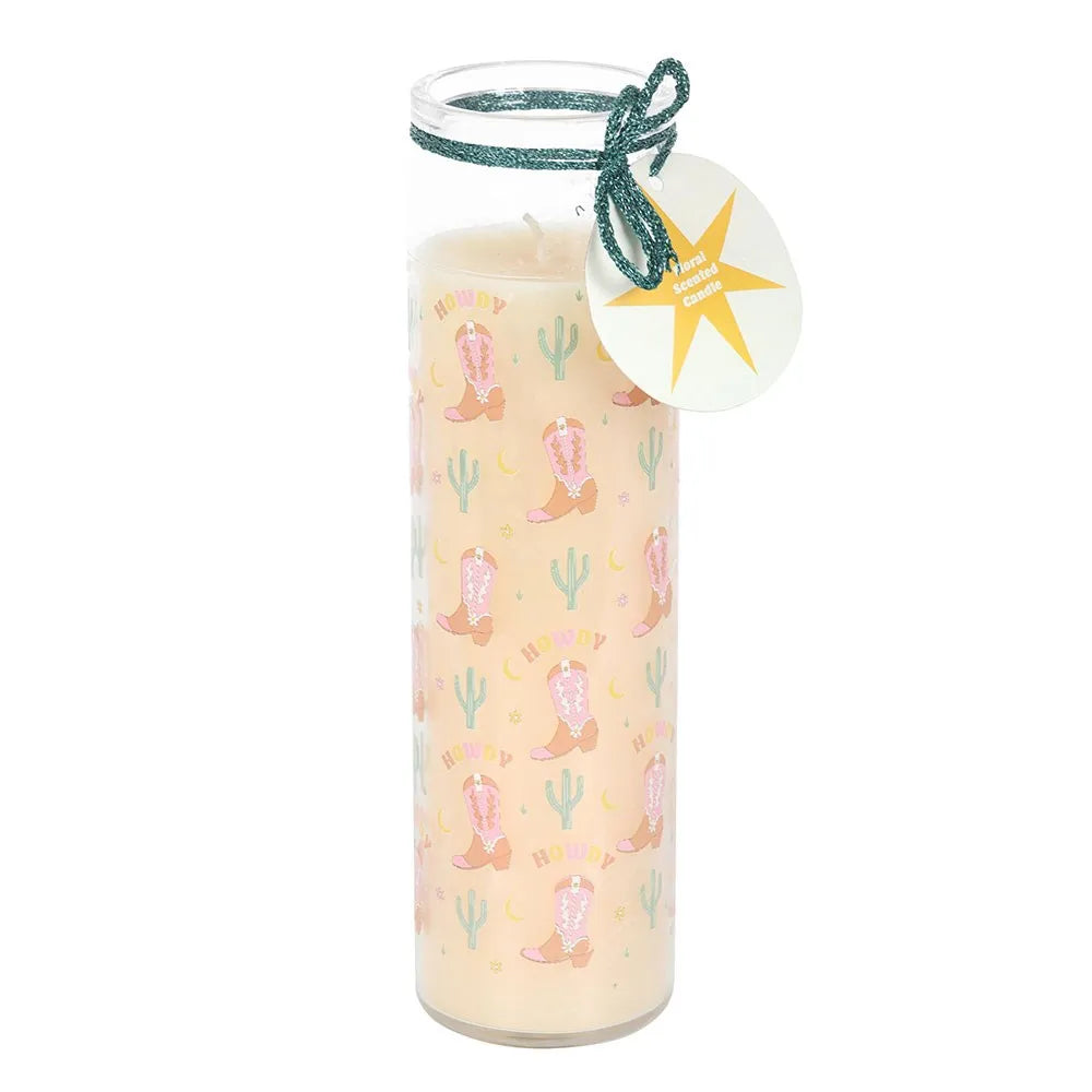 Glass Tube Candle with cowboy boot and cactus pattern on a white background