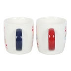 Two ceramic mugs. one with a red and the other a blue handle on a white background