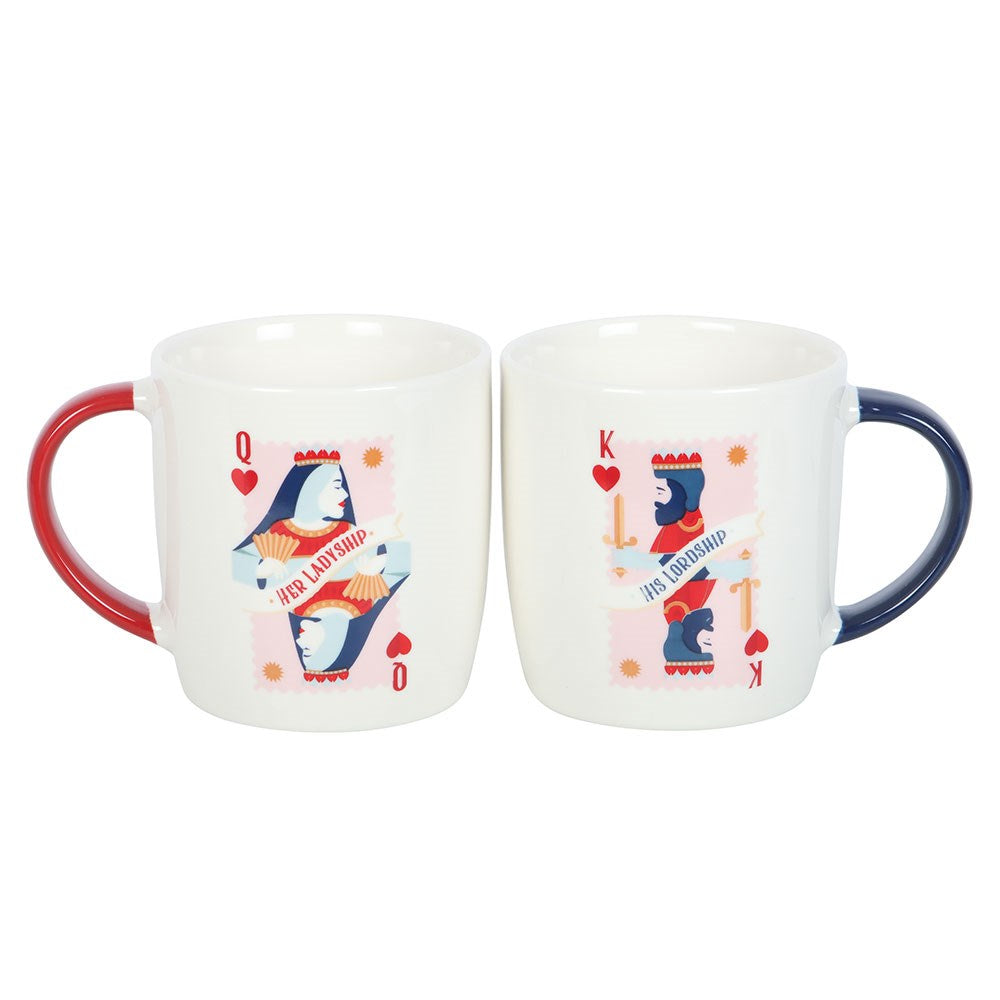 Two mugs with playing card designs on a white background