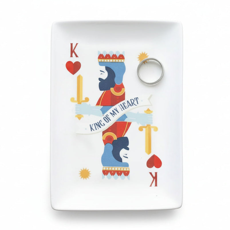 Ceramic catch all tray with King of Hearts design on a white background