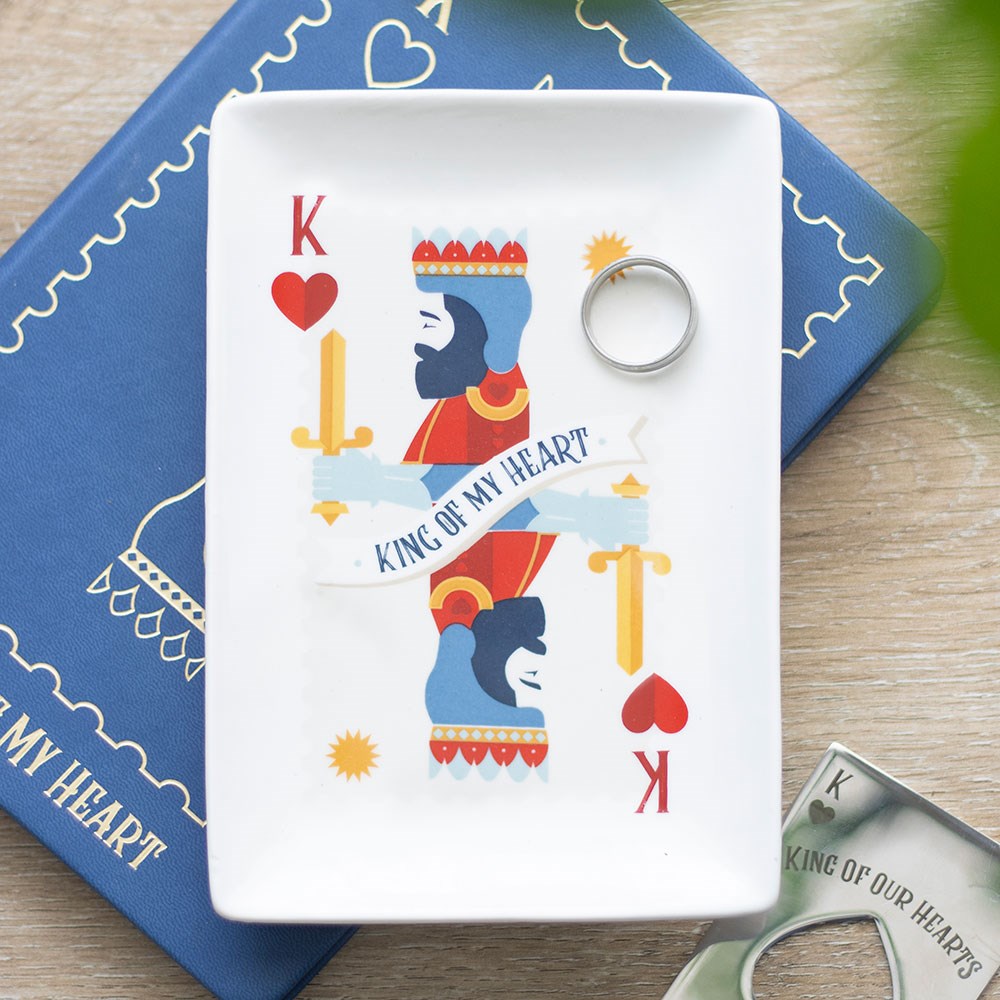 Playing card design  trinket plate with 'King of My Heart' text on a white card, placed on a blue mat.